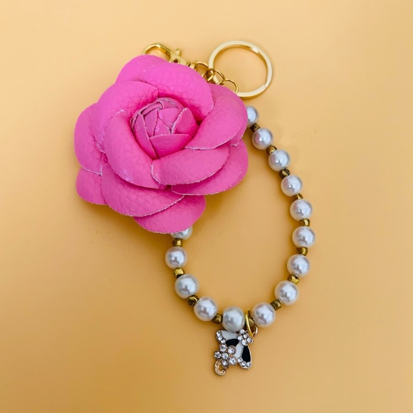 Pink Camellia Flower Keychain with Pearl Bead Strap - Picture 2 of 4